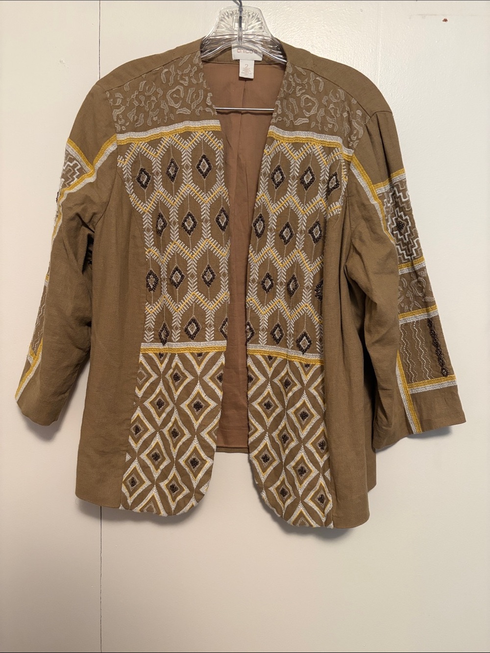 Chico's Olive Brown Embroidered Open-Front Jacket with Yellow Accents